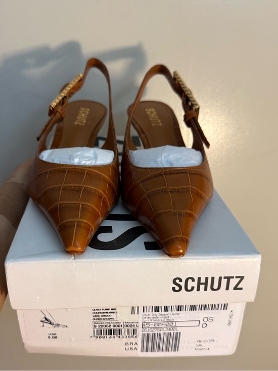 SCHUTZ Shoes - SCHUTZ Tan Croc-Embossed Pointed Slingback Pumps with Gold Buckle